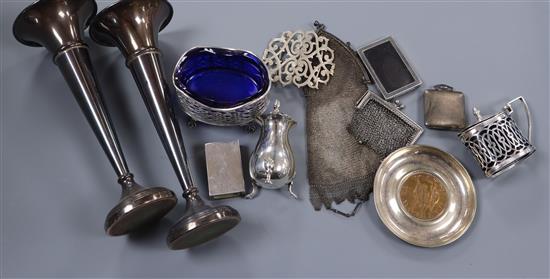 A pair of silver vases, nurses buckle, silver salt, travelling watch etc.